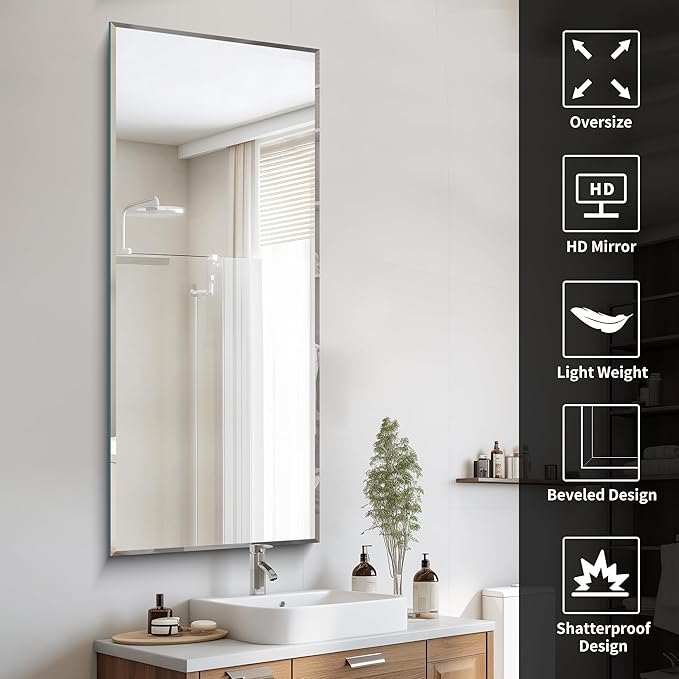 CILIBER Beveled Mirror, 24x60 Large Frameless Beveled Bathroom Mirrors for Wall, Upgraded Shatterproof Rectangle Vanity Mirror with Beveled Edge for Bathroom, Bedroom, Living Room and Entryway