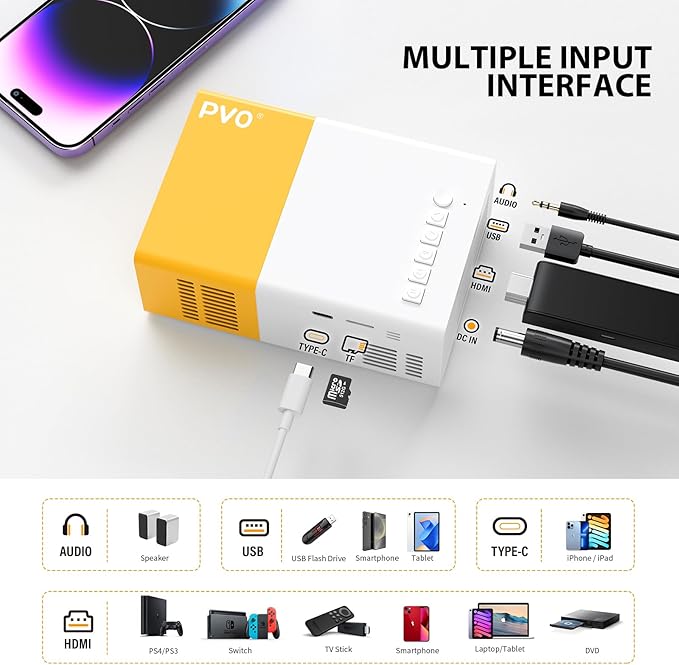 PVO Mini Projector Portable For Cartoon, Outdoor Video Projectors, LED Pico Movie-Projector for Home Theater, Kids Gift, Video Can Be Easily Mirrored Directly to The Projector Via Data Cable