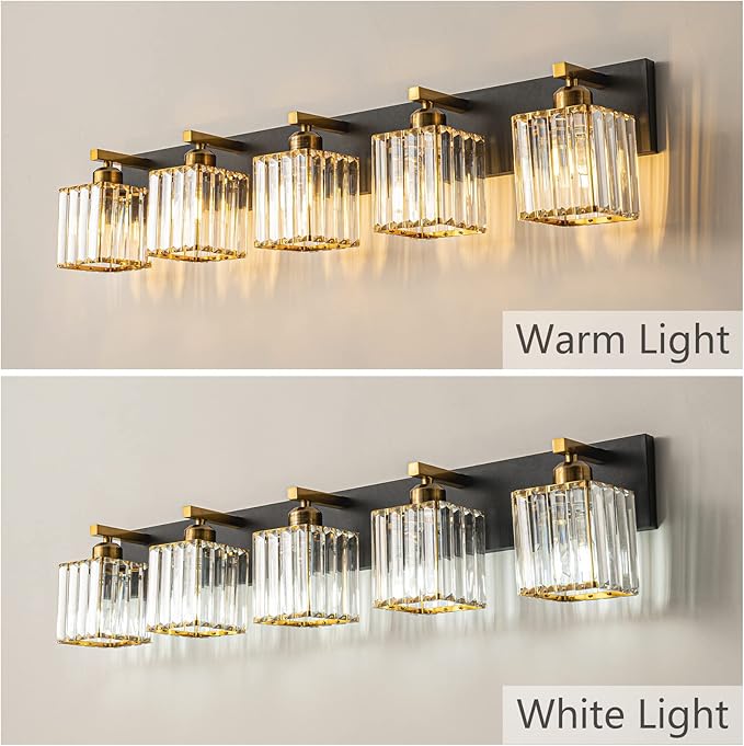 FDPBY Modern Bathroom Vanity Light 5-Lights Black Gold Crystal Bathroom Wall Light Vanity Light Fixtures，36.22-inch Modern Minimalist Design