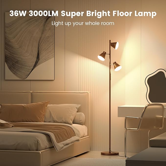 SIBRILLE 36W LED Tree Floor Lamp, Dimmable Tall Standing Lamp with Remote & Touch Control, 4 Color Temperatures Bright Floor Lamp, 3 Rotatable Light Modern Floor Lamps for Living Room Bedroom Office