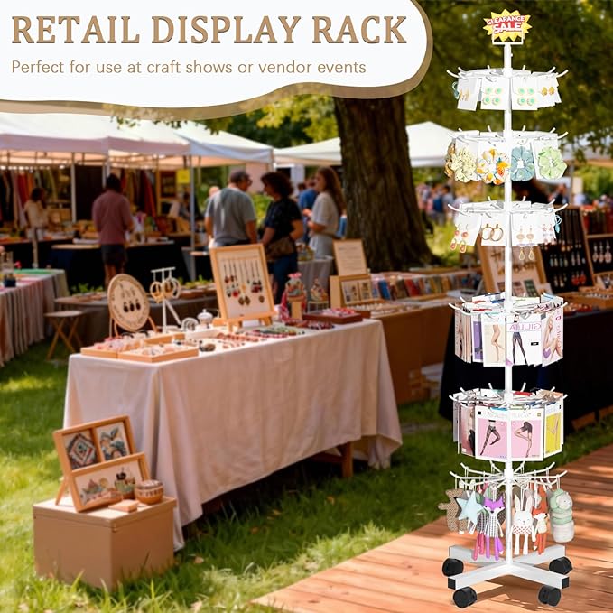 Exttlliy Retail Display Stand Store Display Rack 6 Tier Metal Spinning Display Stand Rack with Wheels Keychain Jewelry Stocking Hat Stand with Hooks for Malls, Showroom, Retail Store (6 Tier White)