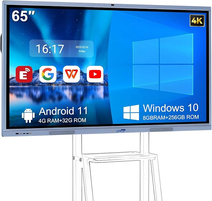 JYXCN 65" 4K Smart Board Interactive Digital Whiteboard, Android 11 & Windows 10 Dual System 8 + 256 GB Smart Board & 20MP Camera | Touchscreen Electronic Smartboard for Classroom, Office