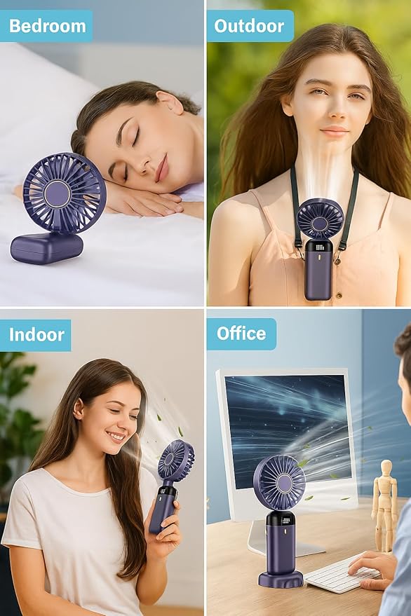 AMPMG LED Digital Display Rechargeable Fan – Portable Handheld & Desk Fan with Adjustable Speeds, USB Charging, Quiet Operation, and Base Stand for Home, Office, Travel and Outdoor Use