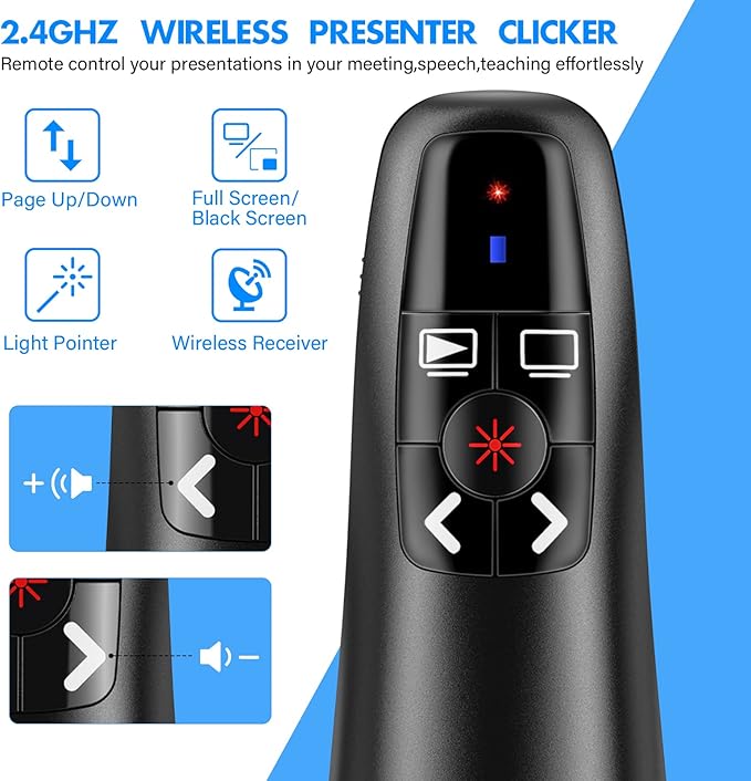 NinjaABXY Presentation Clicker Wireless Presenter Remote Clicker for PowerPoint Presentation, Laser Pointer RF 2.4GHz USB PowerPoint Clicker Slide Advancer with Volume Control for Computer/Laptop/Mac