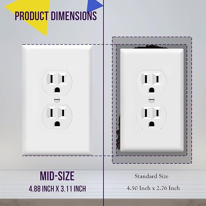 ENERLITES Mid-Size Duplex Receptacle Outlet Wall Plate, Electrical Outlet Covers Plates, Midway Size 1-Gang 4.88" x 3.11", Polycarbonate Thermoplastic, UL Listed, 8821M-W-5PCS, White (5 Pack)