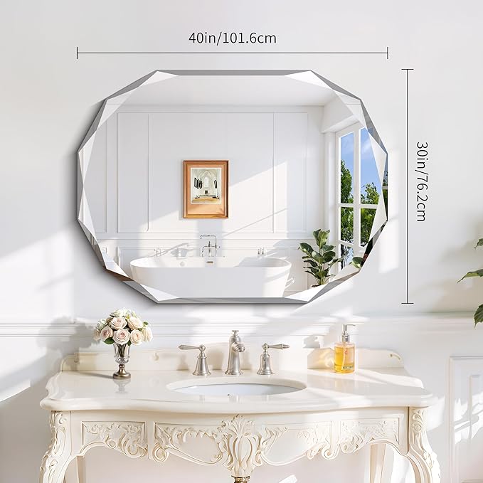 GLASHOM Frameless Bathroom Mirror, 30x40 inch Frameless Wall Mirrors Beveled Edge Wall Mounted, Oval Mirror for Bathroom, Living Room, Over Sink, Entryway Mirror Horizontal or Vertical