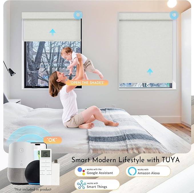 Persilux Smart Motorized Blinds with Remote, No Drill Automatic Roller Shades for Indoor Windows, Blackout Linen Fabric, Electric Blinds for Windows, Weave Mat C162BO-2, Custom Size