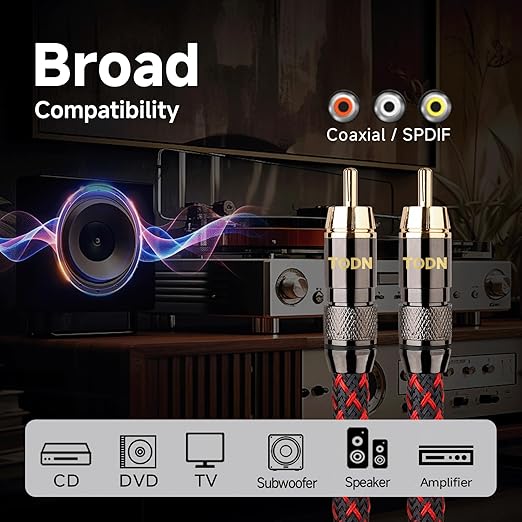 TODN Audiophile Digital Coaxial Cable OFC Core HiFi SPDIF Coax Audio Cable 75-Ohm RCA Male to Male for Subwoofer, TV, Apm (4.9ft /1.5m)