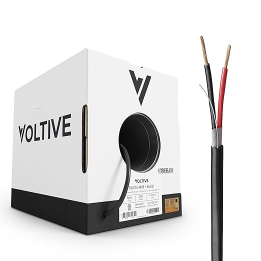 Voltive 16/2 Speaker Wire, in-Wall CL3 & Direct Burial, Black, 250ft - 16AWG, 2 Conductors, Stranded Oxygen-Free Copper, UL Listed - V-1210-3