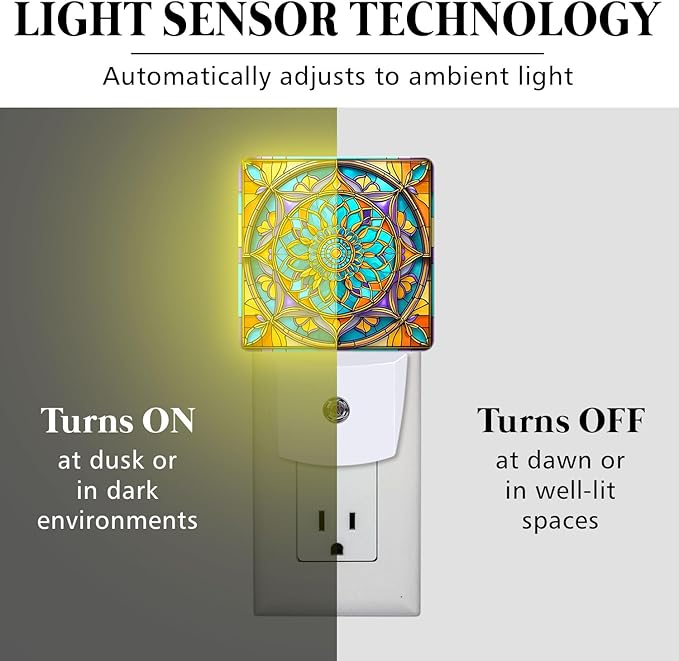 PODMemory Mandala Stained Glass Night Lights Plug into Wall for Room, Mandala Night Light LED for Bedroom