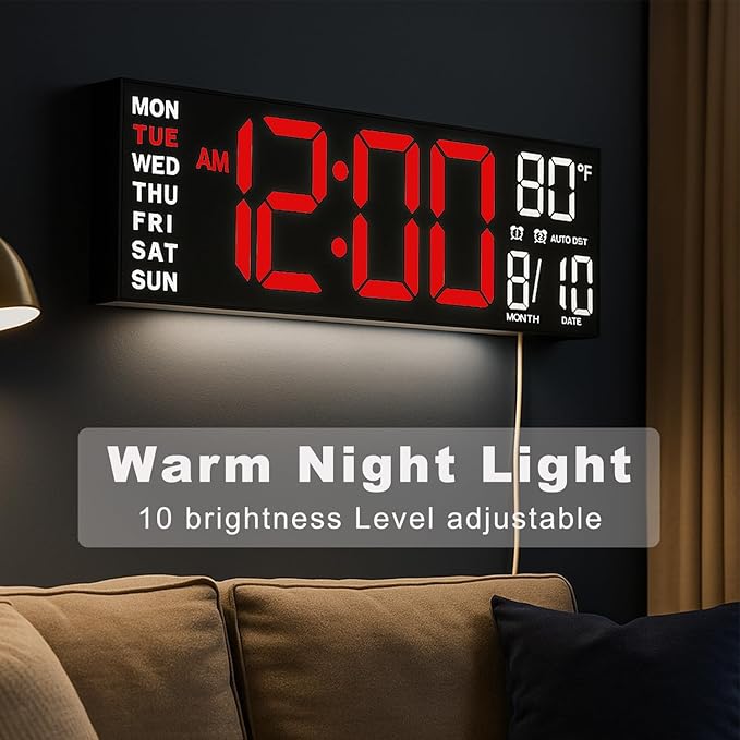 TrophyRak 16" Large Digital Wall Mount Clock, Count Down Timer, Alarm, Big LED, RGB Color, DST, Temperature for Living Room Classroom Desk, Wall, Xmas, Birthday Gift for Senior Mom Dad, Red White