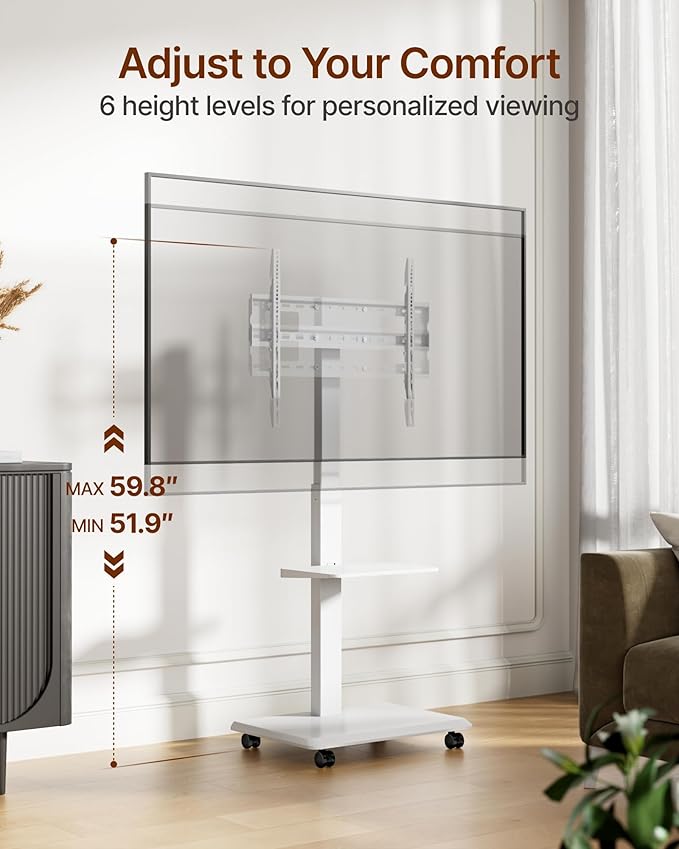 ECOTINY Steel Base Rolling TV stand with Power Outlet for 32-75 inch TVs up to 110 lbs, Leveling & Tilt & Swivel Mobile TV Stand with Hidden Wire Management, Height Adjustable Portable TV Stand, White