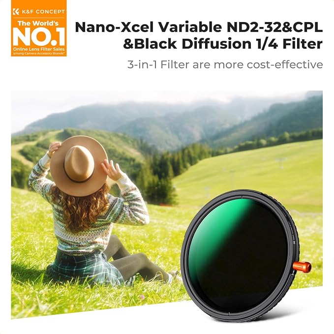 K&F CONCEPT 55mm Black Diffusion Mist Effect 1/4 & Variable ND2-32 & Circular - Image 2