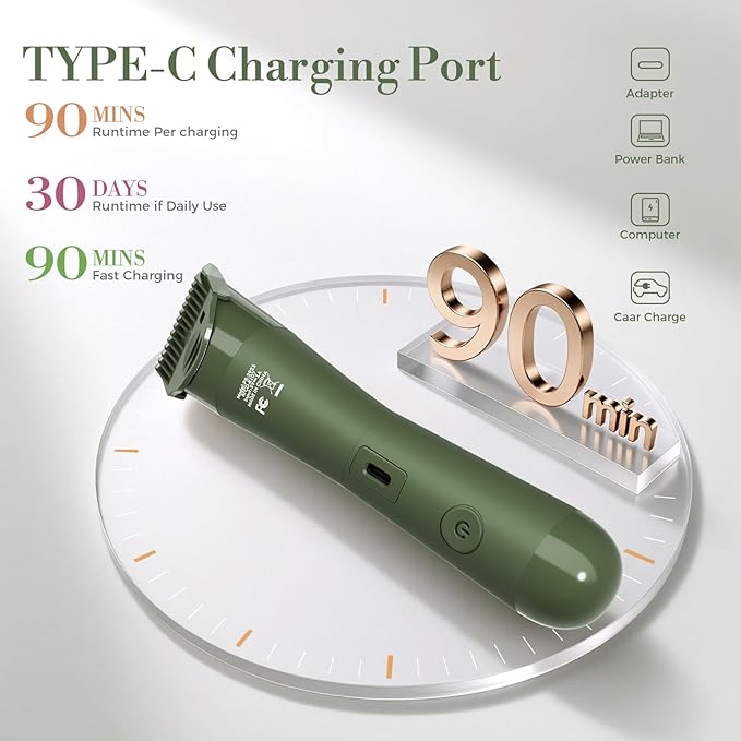 Bikini Trimmer for Women, Flyant 2 in 1 Electric Shaver for Women, Pubic Hair Trimmer Waterproof IPX7 with LED, Bikini Razor for Leg Arm Underarm Bikini Area, Christmas Gifts for Her - Dark Green