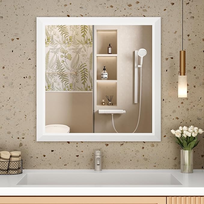SMIROR Matte White Bathroom Mirror for Over Sink, 30”x 30” Metal Thick Framed Rectangle Vanity Mirror for Wall, Right Angle Corner, Anti-Rust, Horizontally or Vertically Mounted
