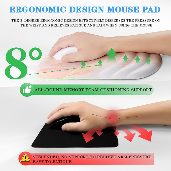 Mouse Pad Wrist Wrist Rest, Comfortable Memory Foam Wrist Rest, Non-Slip PU Base, Ergonomic Wrist Support and Arm Rests for Gaming, Office, Computer Use, Relieve Typing Pain (Pink Marble)