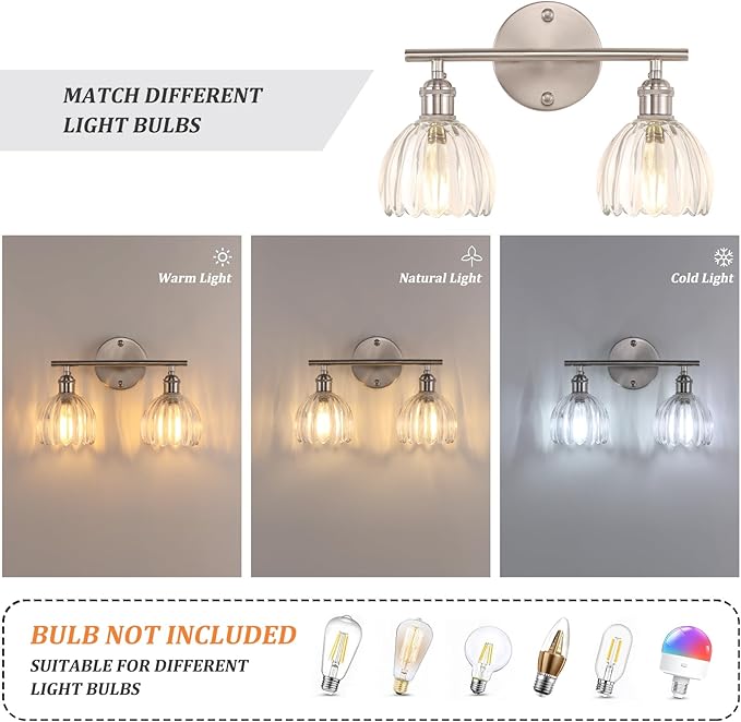 Shenmoyl Bathroom Light Fixtures, 2-Light Vanity Wall Light Over Mirror with Clear Tulip Glass Shade for Bedroom Living Room (Bulb Not Included), Satin Nickel
