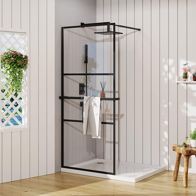 Goodyo 34" x 72" Shower Door Tempered Glass Shower Screen with Tool Bar Towel Rack for Walk in Bathroom 3-Grid Style