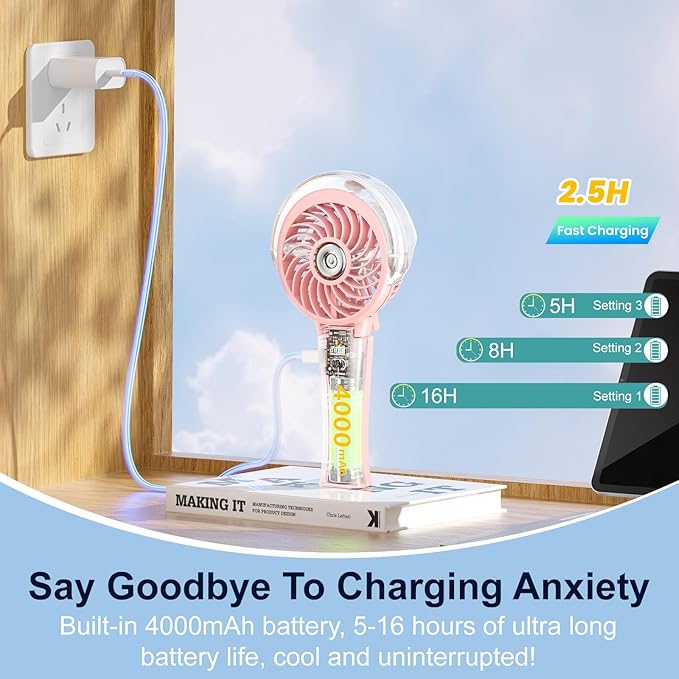 HandFan 4000mAh Handheld Misting Fan, 50ml Water Tank, Rechargeable Personal Mister Fan Portable AC, Spray Water Mist Fans, Foldable Cooling Ice Fans for Beach Travel Outdoors(Pink)
