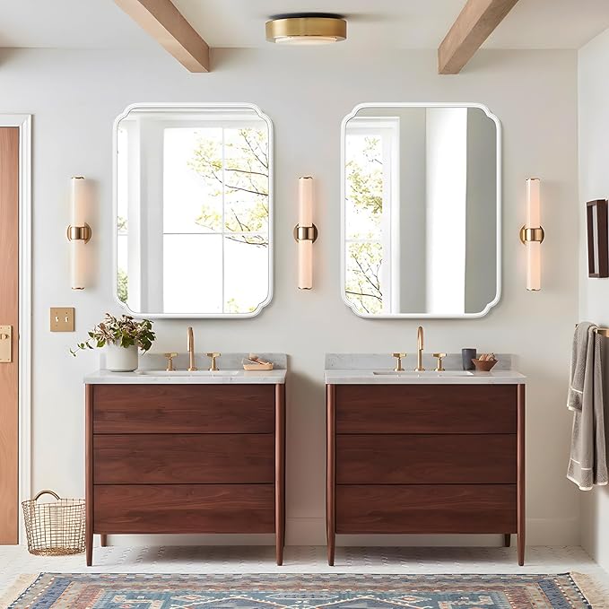 White Bathroom Vanity Mirror for Over Sink 30" x 40" Modern Rounded Corner Rectangle Wall Mirror Decorative with Non-Rusting Iron Metal Framed (Horizontal/Vertical)