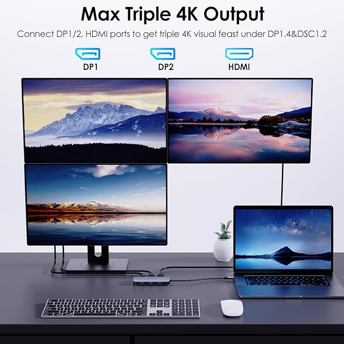 USB C Docking Station Dual DP Monitor, Displayport Docking Station with Dual DP, HDMI, VGA, USB2.0 Ports for Lenovo HP Dell, Windows System Computer (Gray)