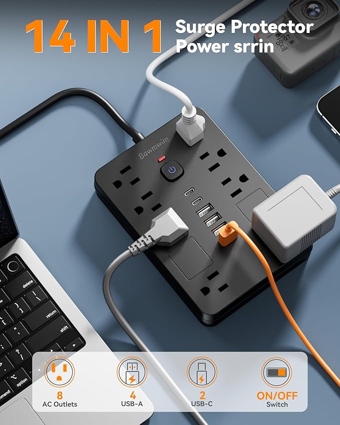 Bawmwim Surge Protector Power Strip - 8 Outlets(1850W/15A) with 6 USB Ports（2 USB C, 10FT Flat Plug Extension Cord, Wall Mount Multi Plug Outlet Extender, ETL Listed for Home, Dorm Room, Black