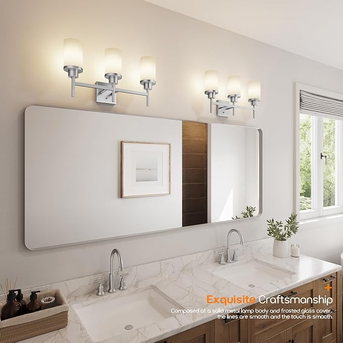 AONEON Bathrom Light Fixtures Brushed Nickel 3-Light with White Frosted Glass Shade, Modern Wall Lamps Over Mirror for Bath Washroom Living Room T001BR-L3