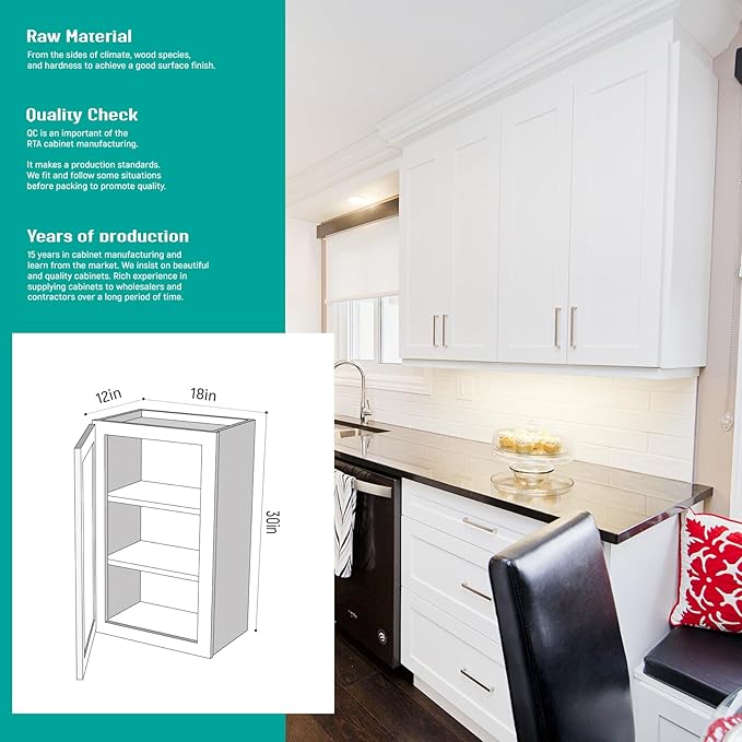 Wall Kitchen Cabinets, RTA Cabinets, White Shaker Cabinet, Wall Mounted, RTA Upper Cabinet, Modern for Kitchen and Bathroom with Door, 2 Adujustable Shelves (White, 18" W x 30" H x 12" D)
