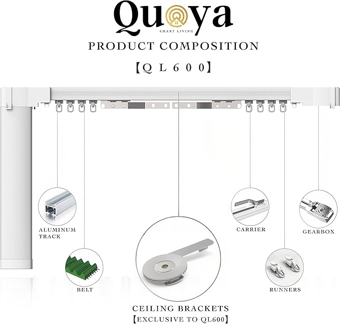 Quoya QL600 Smart Electric Curtain Track, Motorized Motor, Adjustable Track Length, Compatible with Alexa, Google, Siri, Apple Watch (QL600, up to 196 inches (5m))