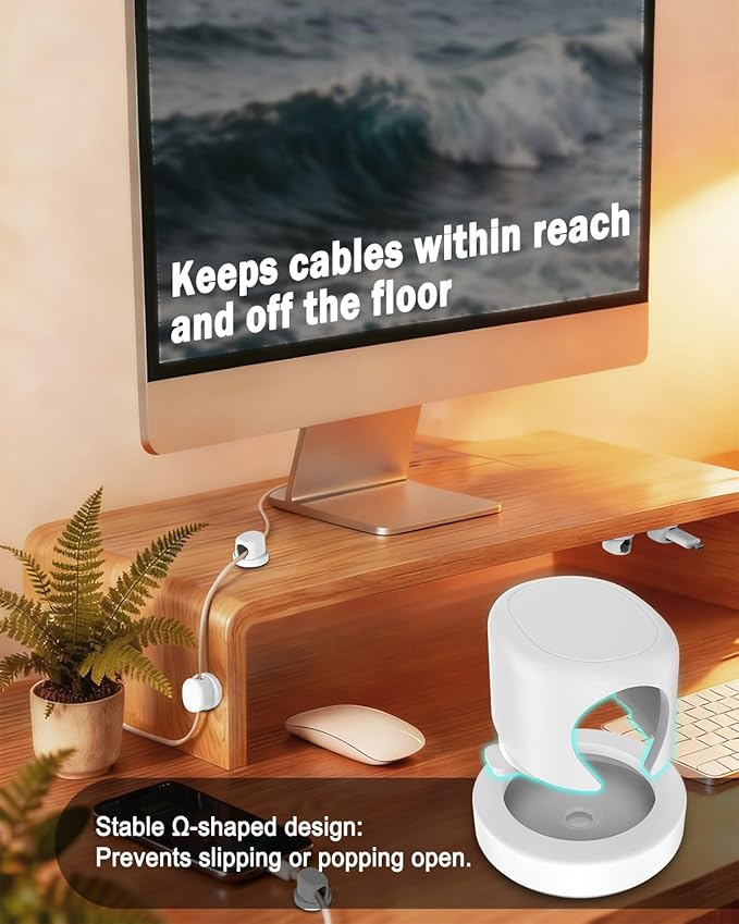 TIKIWIK Rotatable Cord Holder, Snap-Lock Cable Clips, 8 Pack Adhesive Cord Organizer, Phone Charger Wire Organizer Keeper for Nightstand Car Kitchen Office Accessory,White