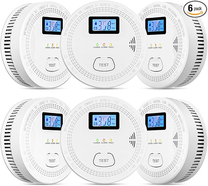 6 Packs, 2 in 1,Smoke Carbon Monoxide Detector,Carbon Monoxide Detectors/Smoke Alarm,85 dB Alarm,Large Screen Readout,Test Button,Battery Operated, Work State LED Flash,Easy Install