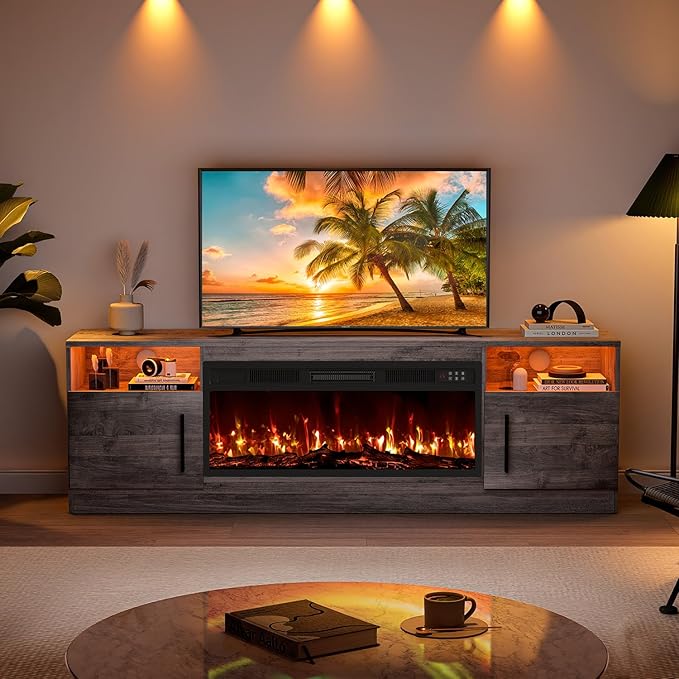 VITESSE TV Stand with 36" inch Electric Fireplace Up to 80" TVs, LED Light Entertainment Center, 70" Modern Wood High Gloss Fireplace with Highlight Storage Cabinet for Living Room (Grey)