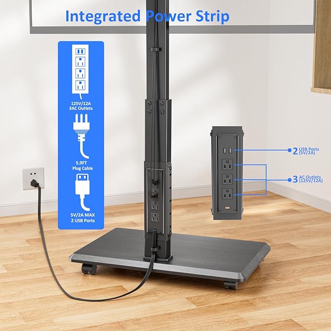 Afaloona Rolling TV Stand with Power Outlet, Mobile TV Stand for 32-75 Inch TVs up to 110 lbs, 30° Swivel TV Floor Stand, 18 Adjustable Heights, TV Cart on Wheels for Bedroom, Office, Outdoor, Black