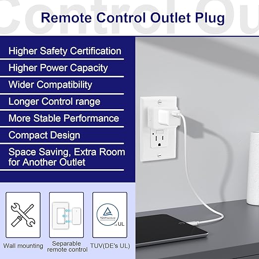 Remote Switch Outlet, GreenCyle 3 Outlet Plug with Remote, Wireless On/Off Light Switch Wall Mounted, 15A/1500W, TUV Listed, No Wiring Needed, 500ft RF Range, for Lamps, Fans, Household Appliances