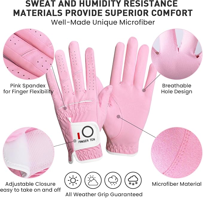 FINGER TEN Womens Ladies Golf Gloves Pair Both Hand or 2 Pack Left Right Hand, All Weather Grip & Comfortable Glove for Serious Performance, Stylish Pink White Fit S M L XL