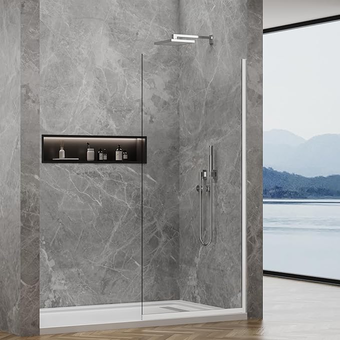 35"x74" Semi-Framed Shower Screen, Single Fixed Shower Glass Panel for Bathroom, 3/8" Tempered Glass with Dual-Sided Nano Coating, Reversible Install, Bright Chrome