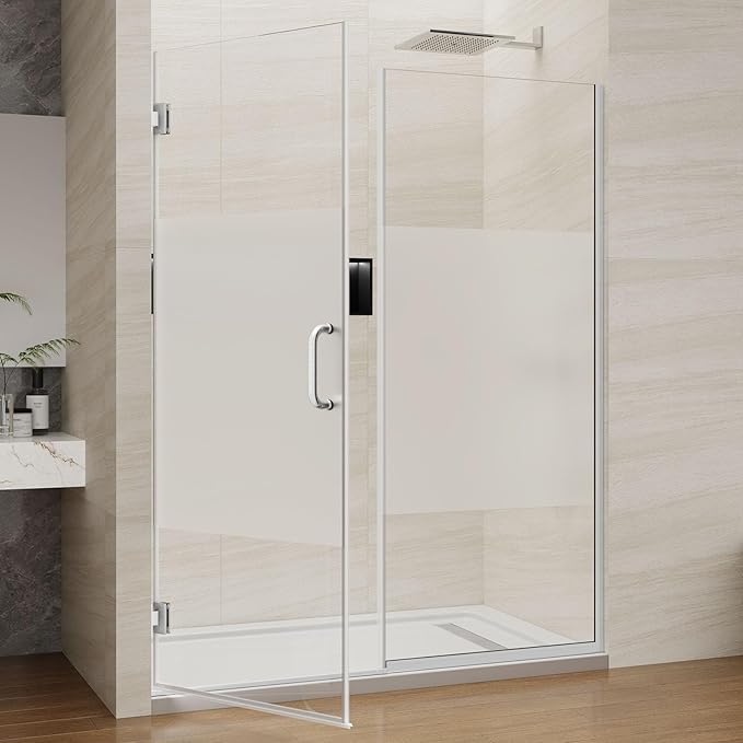 Pivot Swing Shower Door, Adjustable Width 58.9-60" W x 74" H Semi-Frameless Shower Glass Door with 5/16 in Clear SGCC Middle Frosted Tempered Glass with Nano Easy-Clean Coating (Brushed Silver)