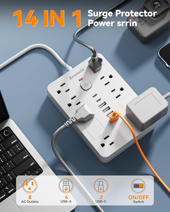 Bawmwim Surge Protector Power Strip - 8 Outlets(1850W/15A) with 6 USB Ports（2 USB C, 6FT Flat Plug Extension Cord, Wall Mount Multi Plug Outlet Extender, ETL Listed for Home, Dorm Room, White