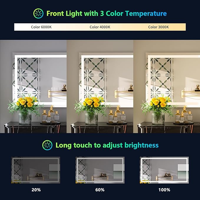 YEELAIT 51x40 Inch RGB LED Bathroom Mirror Front Light and RGB Backlit Lighted Vanity Mirror for Bathroom Wall Mounted Dimmable Anti Fog Memory Shatter-Proof IP54 Waterproof Horizontal/Vertical