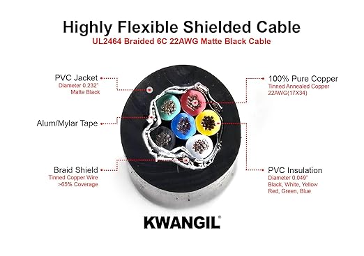 KWANGIL 6C 22AWG AMSB Shielded Cable Wire (UL2464) - Highly Flexible Str TC, PVC Ins, OS+TC BRD, PVC JKT for CNC Machine, Stepper Motor, VFD Spindle (Matte Black 25FT)