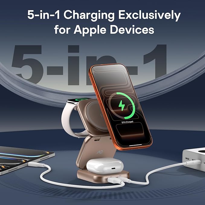 5-in-1 Wireless Charger for MagSafe, AC ISLAND Portable Travel Charging Station, 35W Max Fast Foldable Magnetic Stand, Evolved for iPhone 17-12 & Air Series, Apple Watch, AirPods (with 35W Adapter)