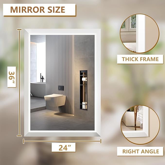 SMIROR Matte White Bathroom Mirror for Over Sink, 24”x 36” Metal Thick Framed Rectangle Vanity Mirror for Wall, Right Angle Corner, Anti-Rust, Horizontally or Vertically Mounted