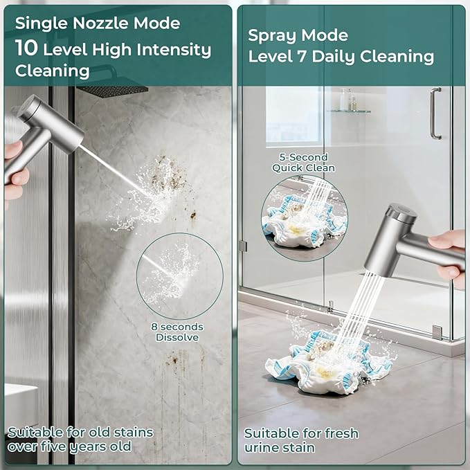 Handheld Bidet Sprayer for Toilet, Adjustable Water Pressure Control Rotary Switch with Bidet Hose, Exclusive Single Nozzle High Pressure Mode for Cleaning Stubborn Stains, Brushed Nickel