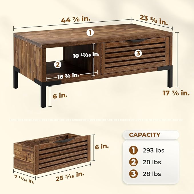 Bme Millie Coffee Tables for Living Room - Industrial Rustic - Two Drawers - Open Shelf - Rustic Scuffed Texture - Convenient Metal Handle and Sturdy Legs with Levelers - Easy Assembly - Chestnut