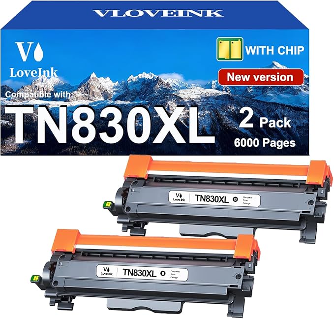 VLOVEINK Compatible TN830XL Toner Cartridge Replacement for Brother TN830XL TN830 XL 830 Toner Work with Brother Printer HL-L2460DW DCP-L2640DW HL-L2405W MFC-L2820DW HL-L2400D (2 Pack, Black)