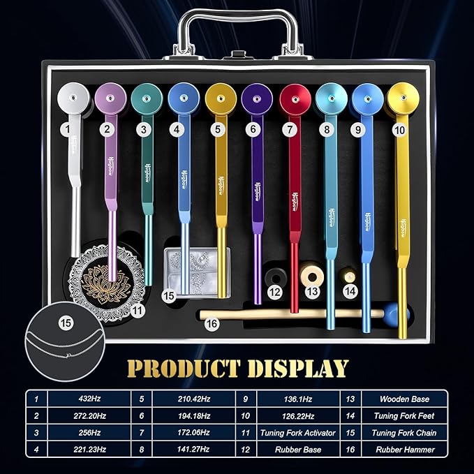 10 PCS Chakra Tuning Fork for Healing, Multi-Color Weighted Tuning Forks, Aluminum Alloy Tuning Forks with Activator & Feet (126.22-432Hz) for DNA Healing, Sound Therapy