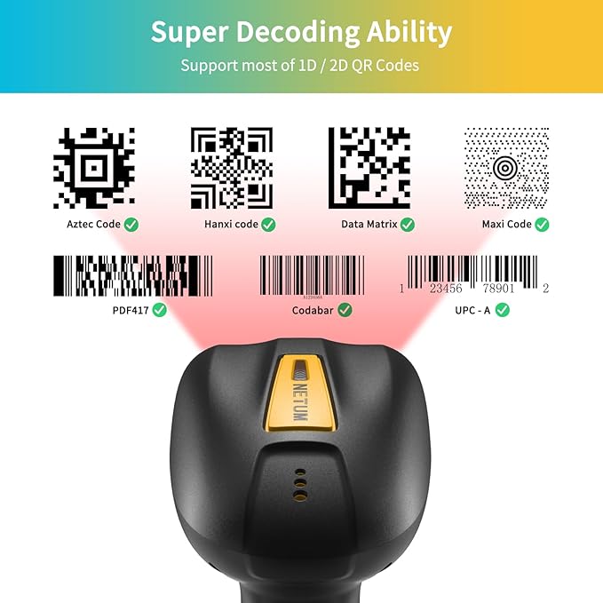 NETUM Upgraded QR Industrial Bluetooth Barcode Scanner with Charging Dock, Wireless 2D 1D Bar Code Reader 2600mAh Drop Protection Shock Dust Proof Hands Free for Windows Mac Android iOS (RD-1200)