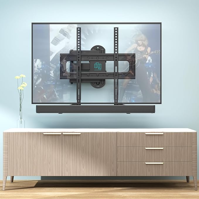 HCMOUNTING Soundbar Mount Bracket, Sound Bar Mounts Under TV or Above TV Fits Most Sound Bars Up to 20 Lbs, Soundbar TV Mount with 180° Adjustable Extension Plates and L-Shaped Hooks
