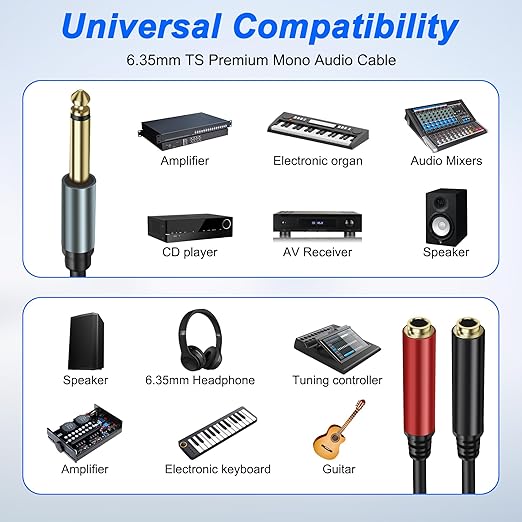 XMSJSIY 1/4" 6.35mm TS Mono Splitter 1 to 2 Audio Y Splitter Cable Adapter 6.35mm TS Male to Dual Female Mono Guitar Signal Audio Cord Gold Plaed for OFC HiFi TS Speaker Microphone Headphone-2M/6.5FT