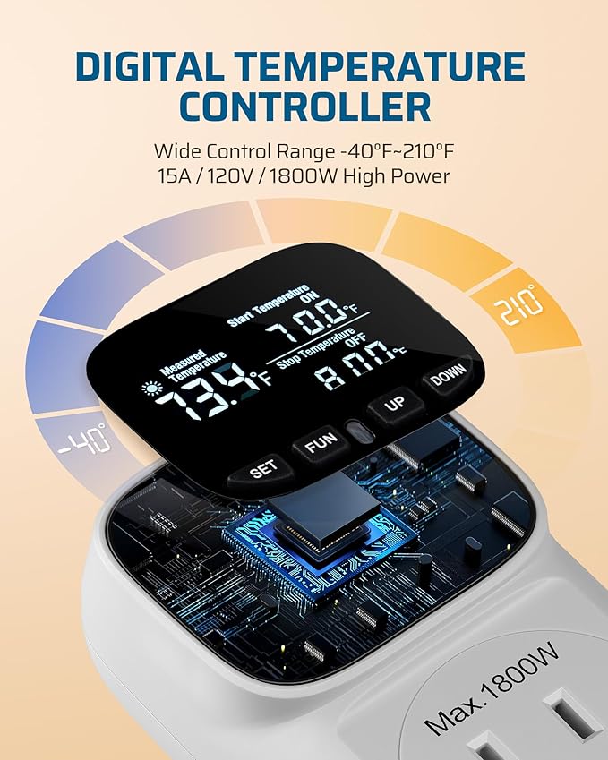 DEWENWILS Digital Temperature Controller, 2 Pack15A/1800W Thermostat Outlet Plug, VA Display Heating Cooling Control Timer, -40℉~210℉, Cyclic Timing/Countdown, for Greenhouse Incubator Homebrew